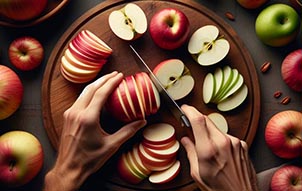 Una persona cortando manzana alrededor de varios tipos de manzana